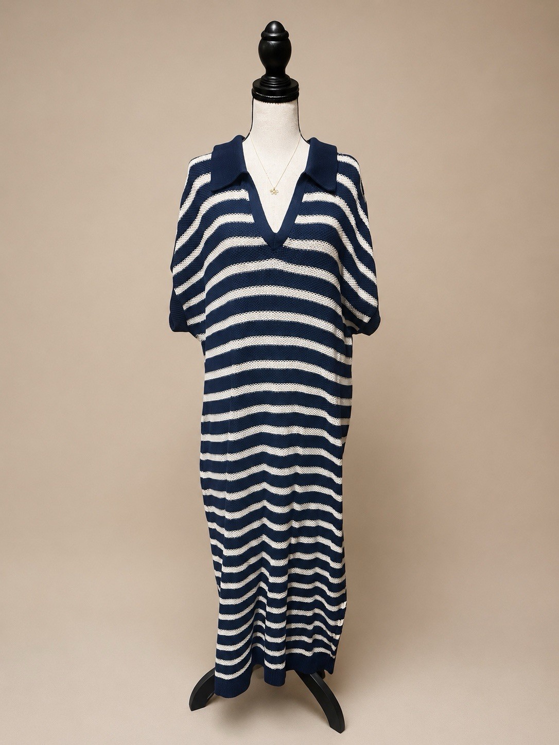 Sonoma XL Navy White Striped Knit Sweater Midi Maxi Dress Collared Coastal