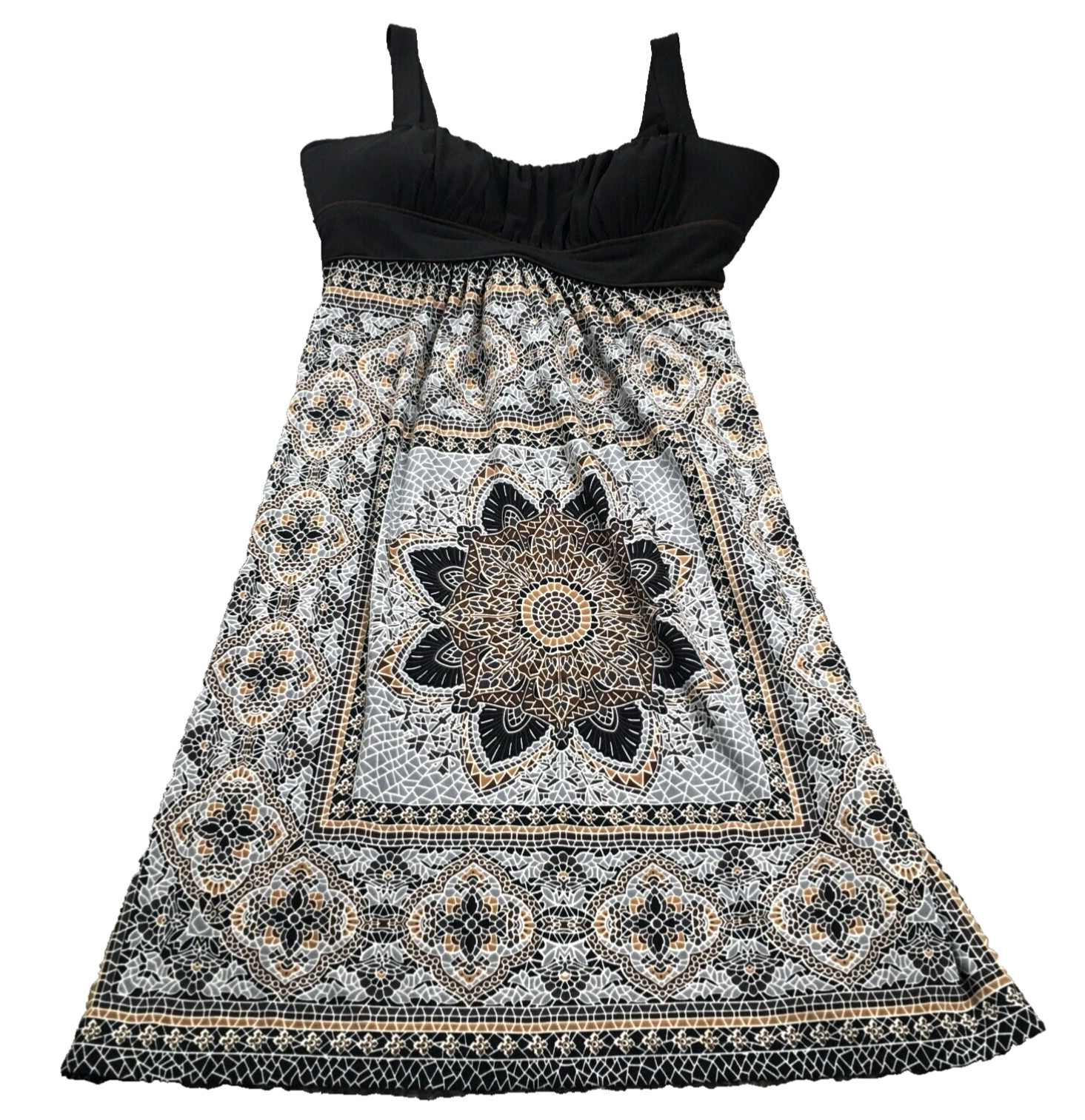 Intermission Womens Sleeveless Dress Sz 8 Black Mosaic Pattern Tie-Back Lined
