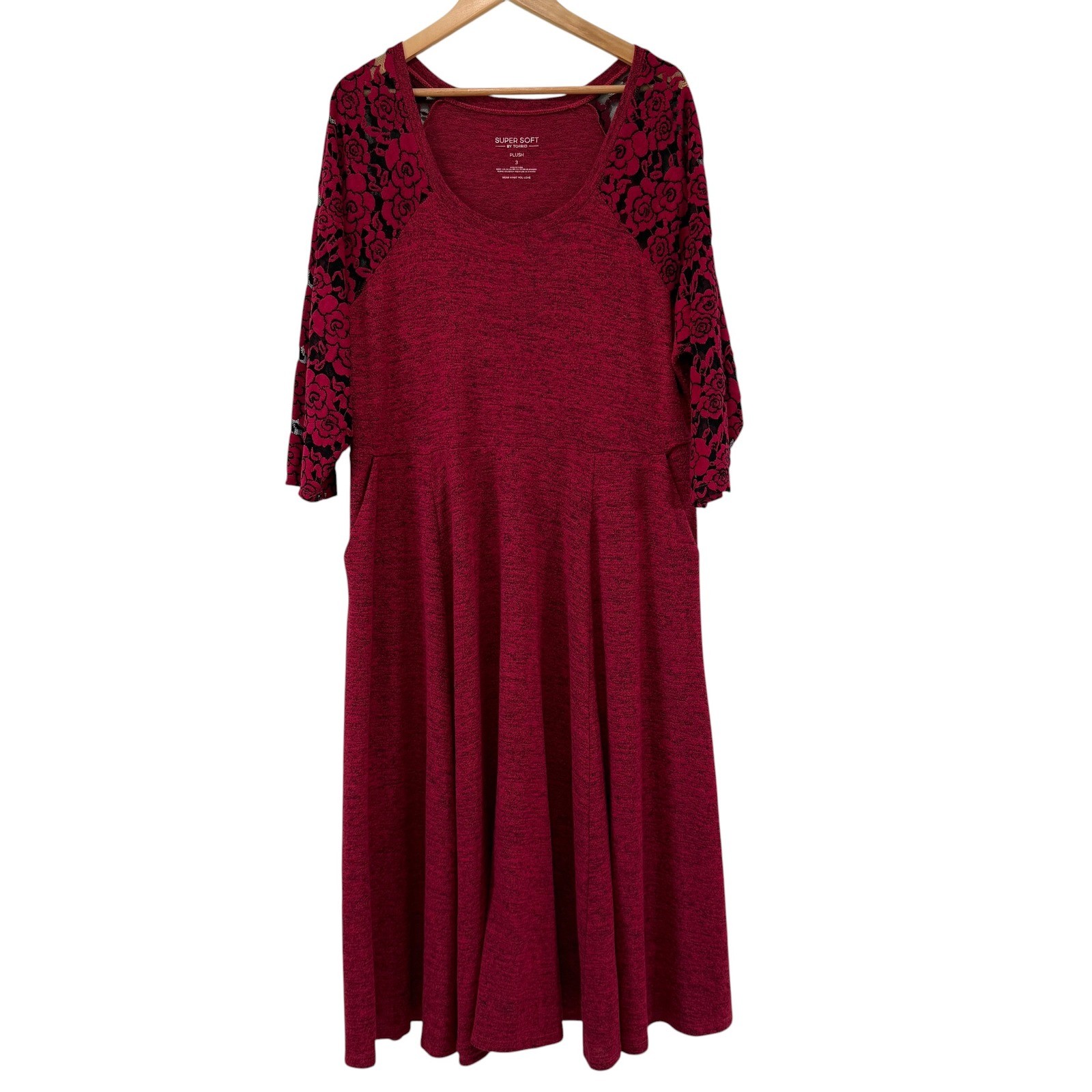 Torrid Super Soft Red Plush Skater Midi Dress 3X Sheer 3/4 Lace Sleeve Pockets