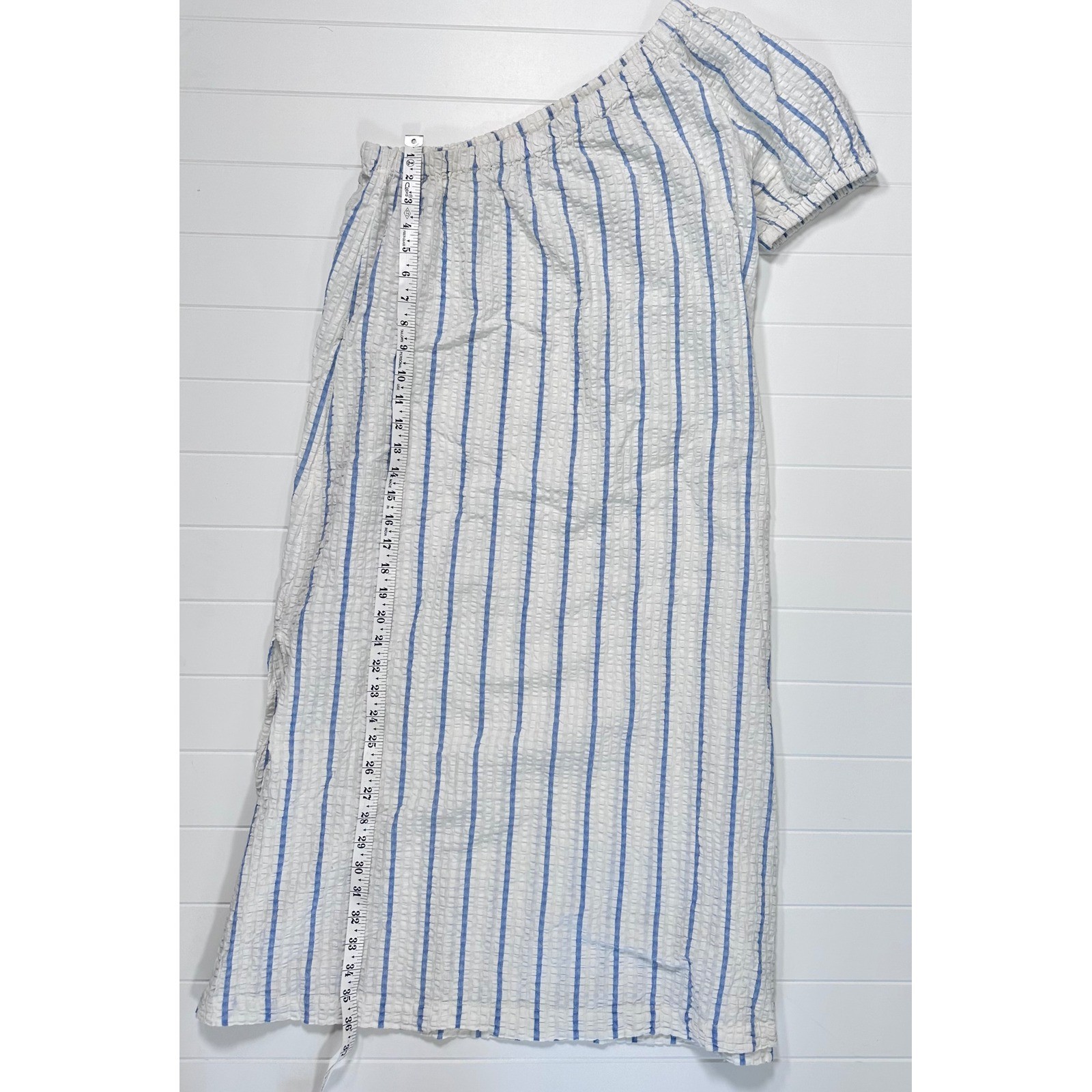 Madewell One Shoulder Seersucker Midi Dress Blue White Striped Pockets NM263