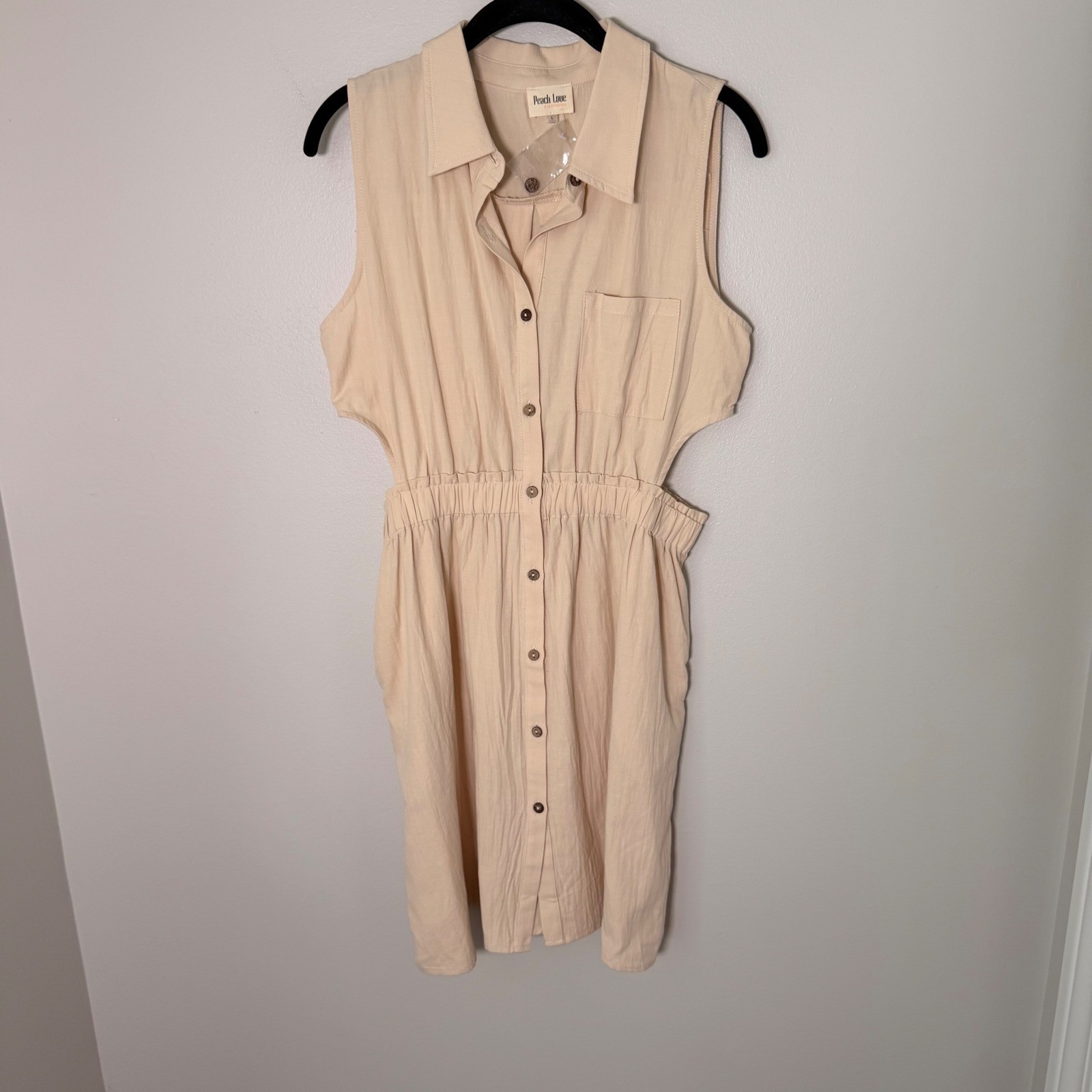 Neutral Summer Button Down Cotton Shirt Dress NEW (LG) Cutouts Sleeveless Cream