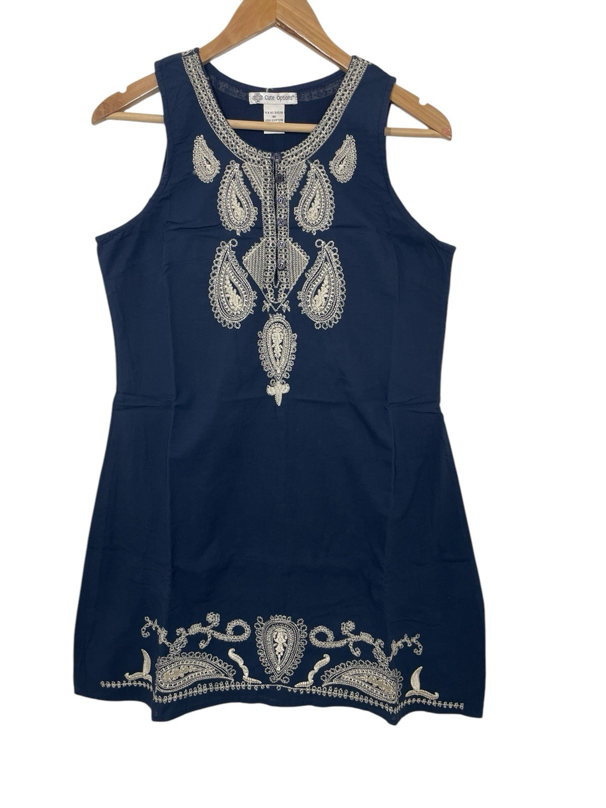 Cute Options Womens Medium Embroidered Paisley Blue Ivory Sleeveless Tank Dress