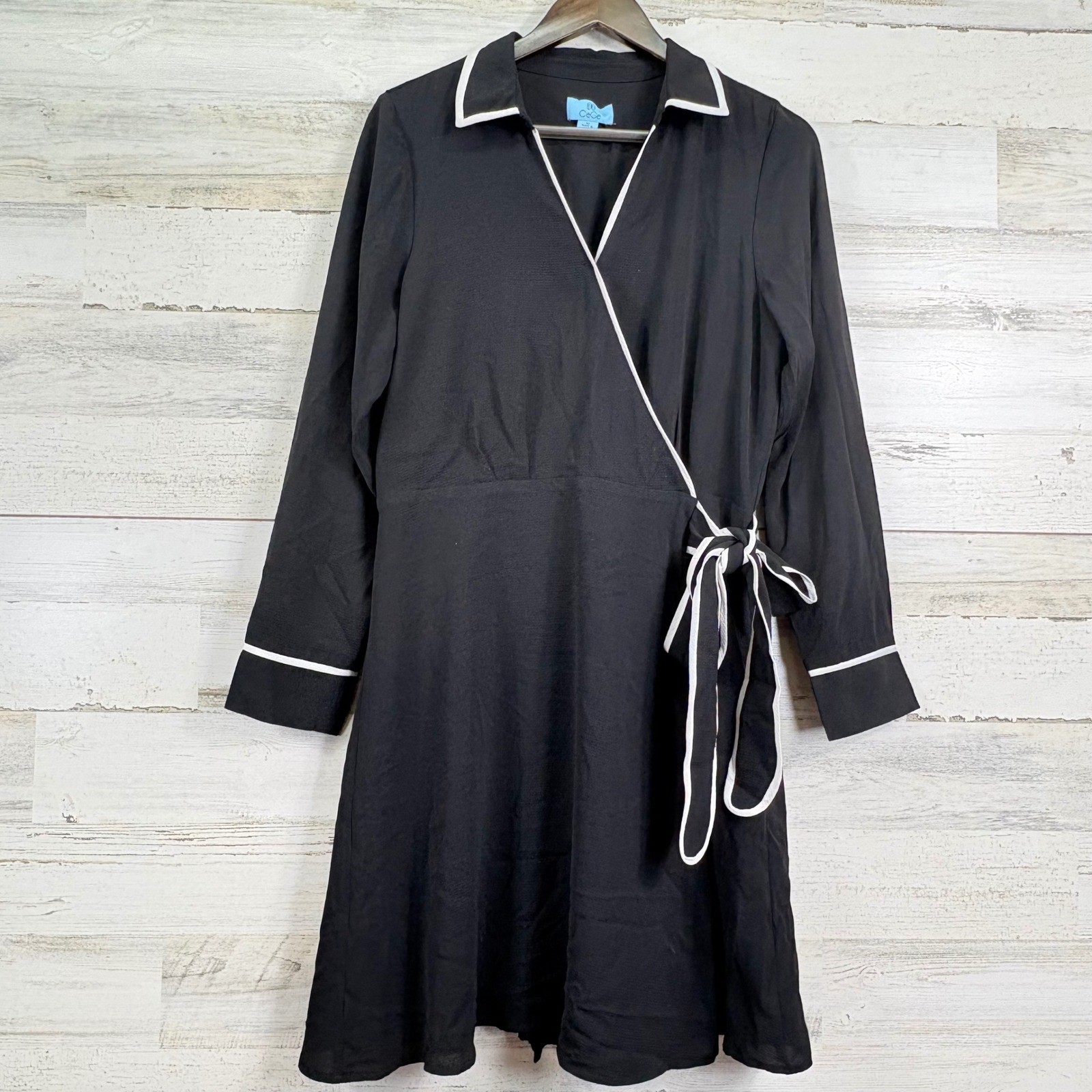 CeCe Womens Black White Contrast Trim Long Sleeve Wrap Dress Size M Bow