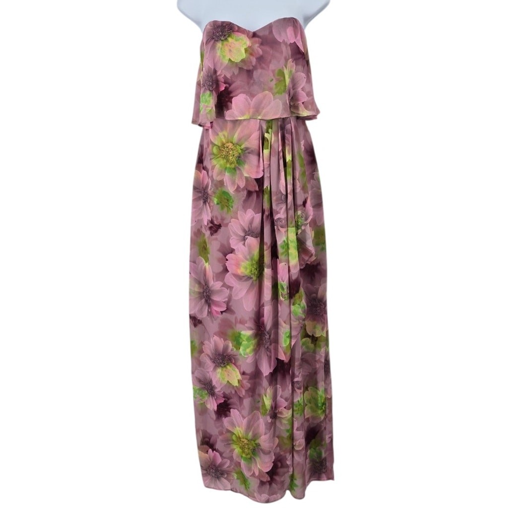 Jewel Badgley Mischka Floral Chiffon Strapless Ruffle Maxi Dress Faux Wrap 12