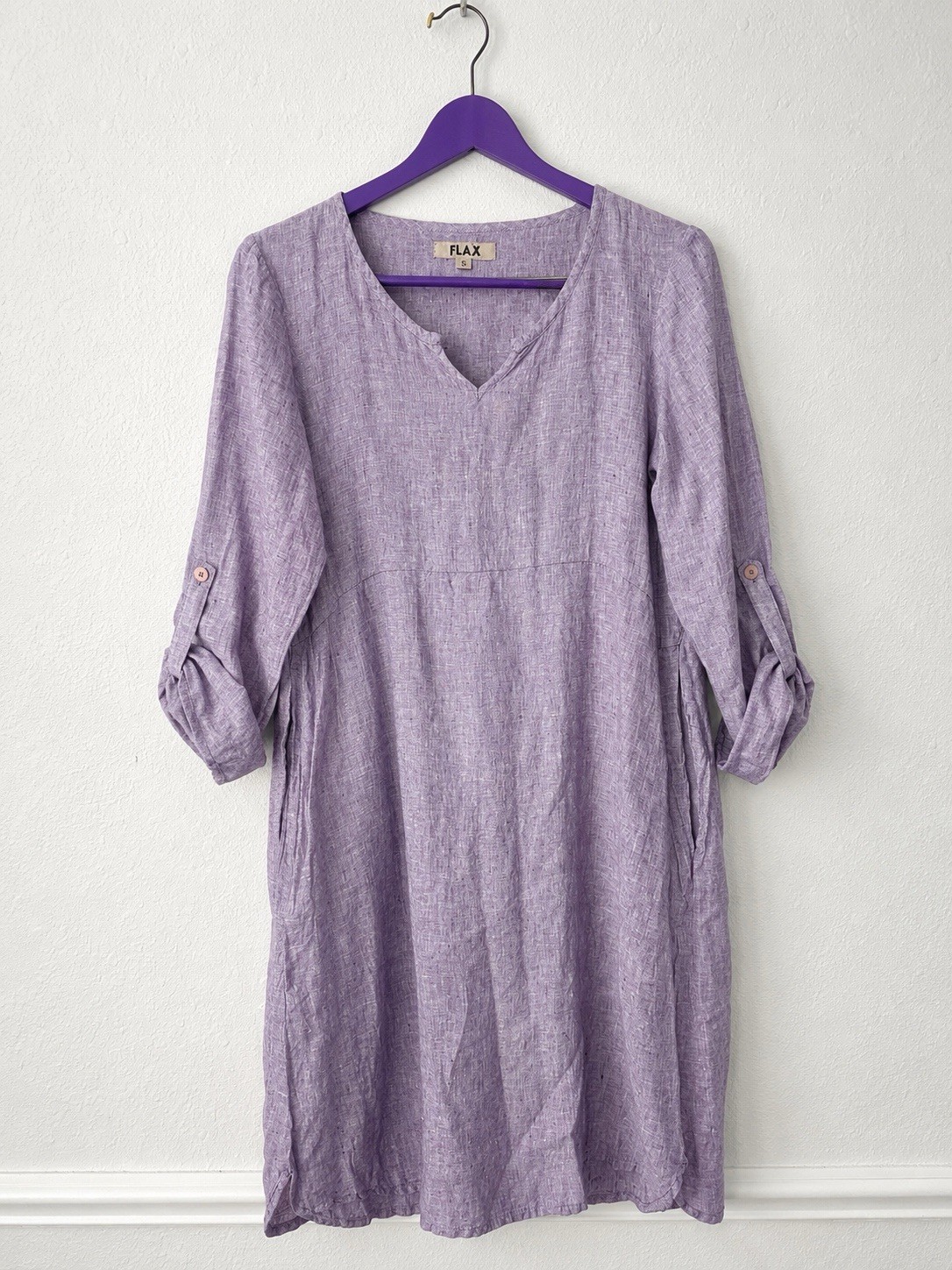 FLAX Linen Dress Small Purple Gray Roll Tab Sleeve Pockets Lagenlook Lithuania