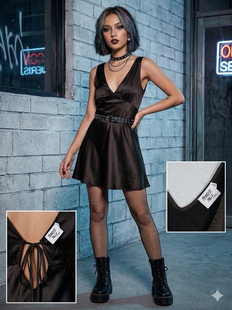 Princess Polly Sz 2 Y2K Slip Dress Baby Doll Mini Black Satin Classic LBD