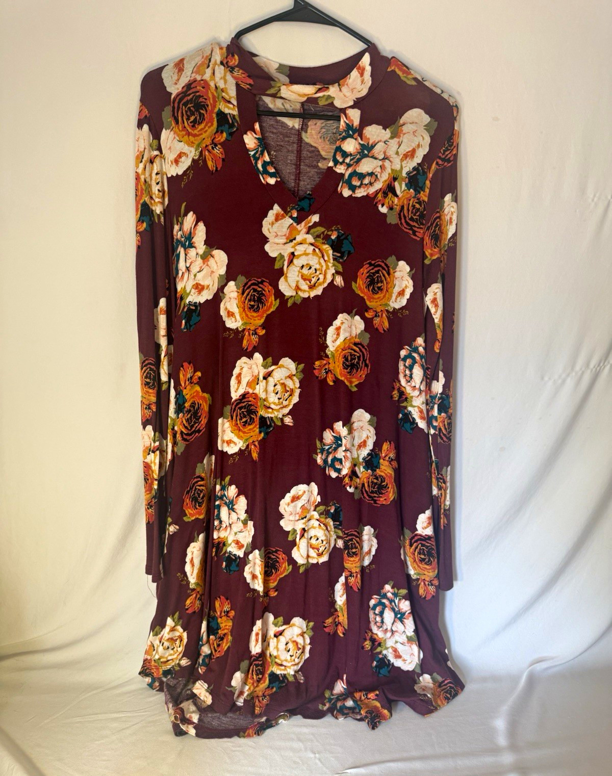 ODDI Women’s Burgundy Floral V-Neck Long Sleeve Shift knee length Dress Size M