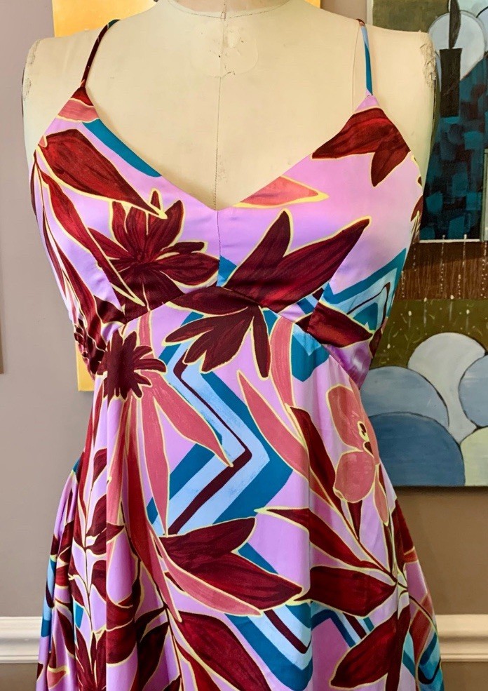 VICI Pink Abstract Floral Satin Midi Dress Handkerchief Hem Medium