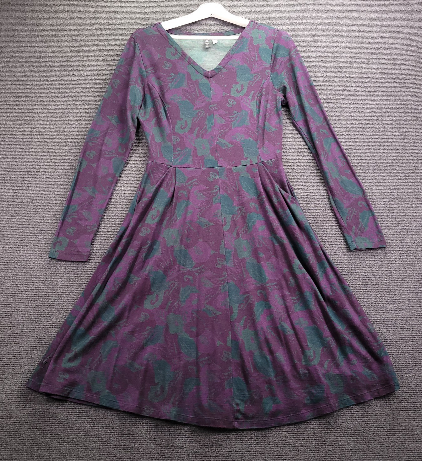 IBEX Dress Womens Size SMALL Purple Green 100% Merino Wool Long Sleeve V-Neck