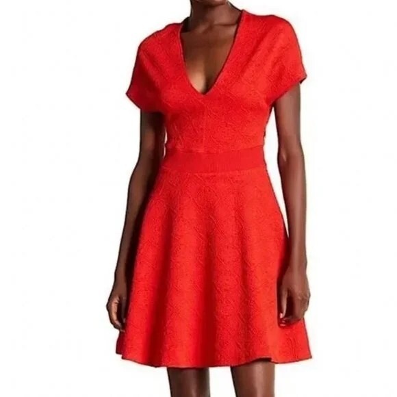 Opening Ceremony Womens Medallion Jacquard Fit & Flare Dress XS Red Knit S/S