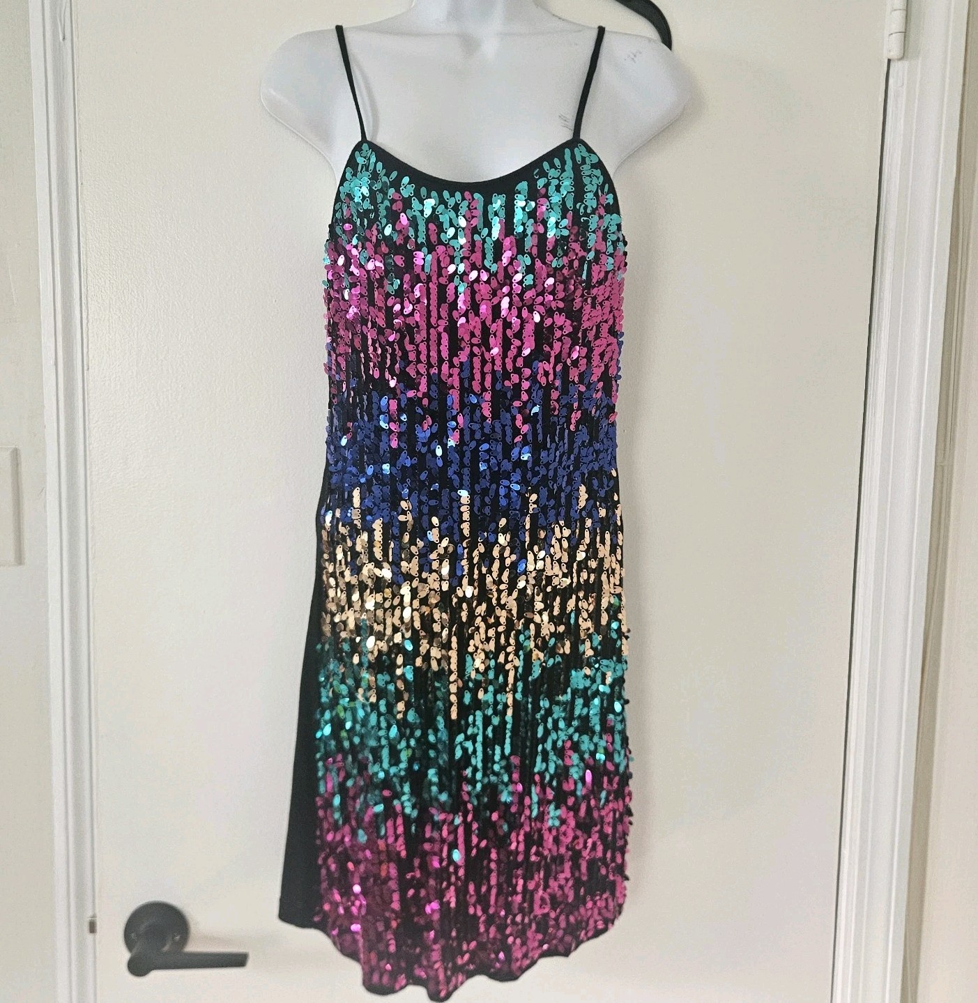 Deb Womens Slip Dress M Y2K Sequin Rainbow Mini Prom Retro Stretch Glam Sparkle
