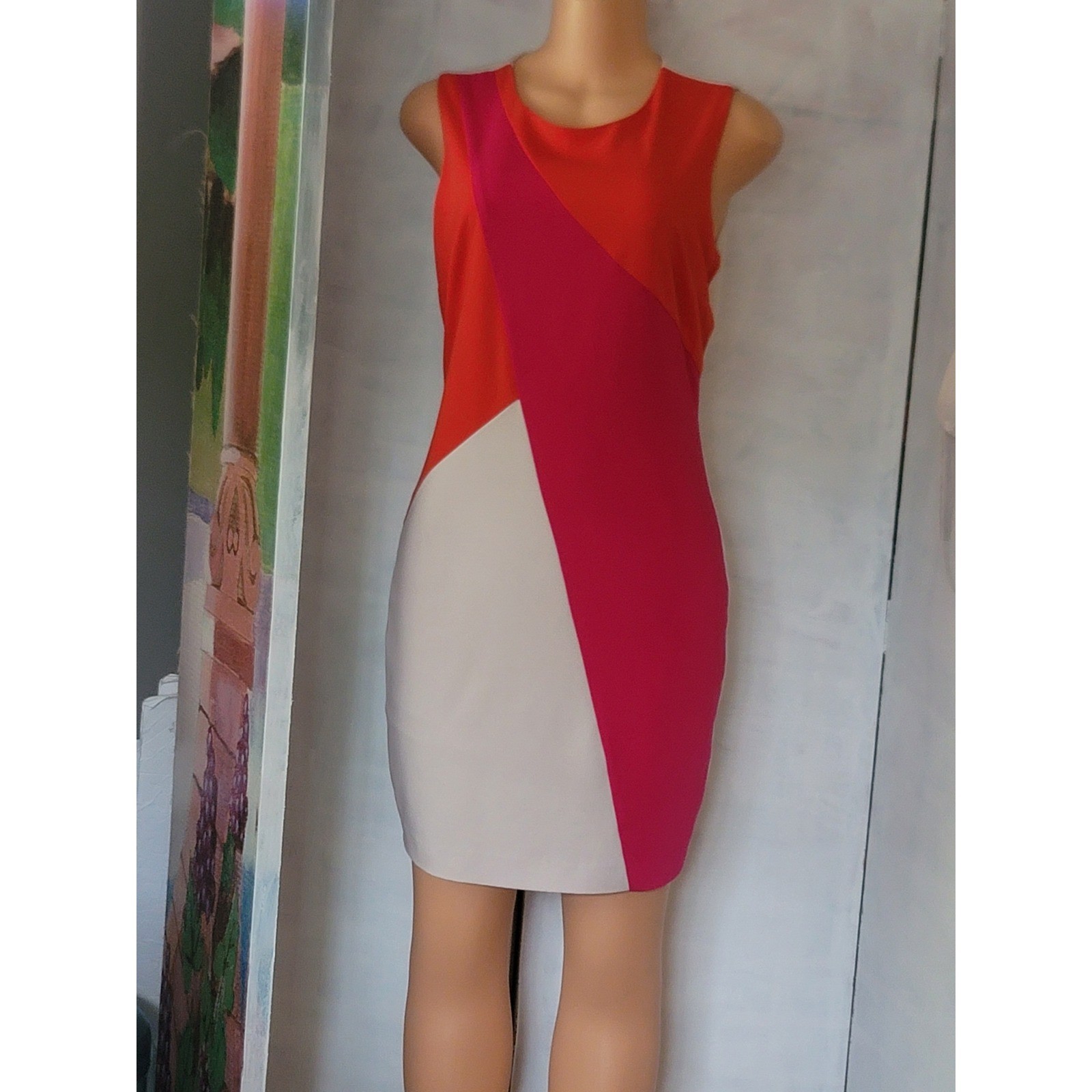 Neiman Marcus Womens Colorblock Sheath Dress Orange Pink White Size 6 D3075
