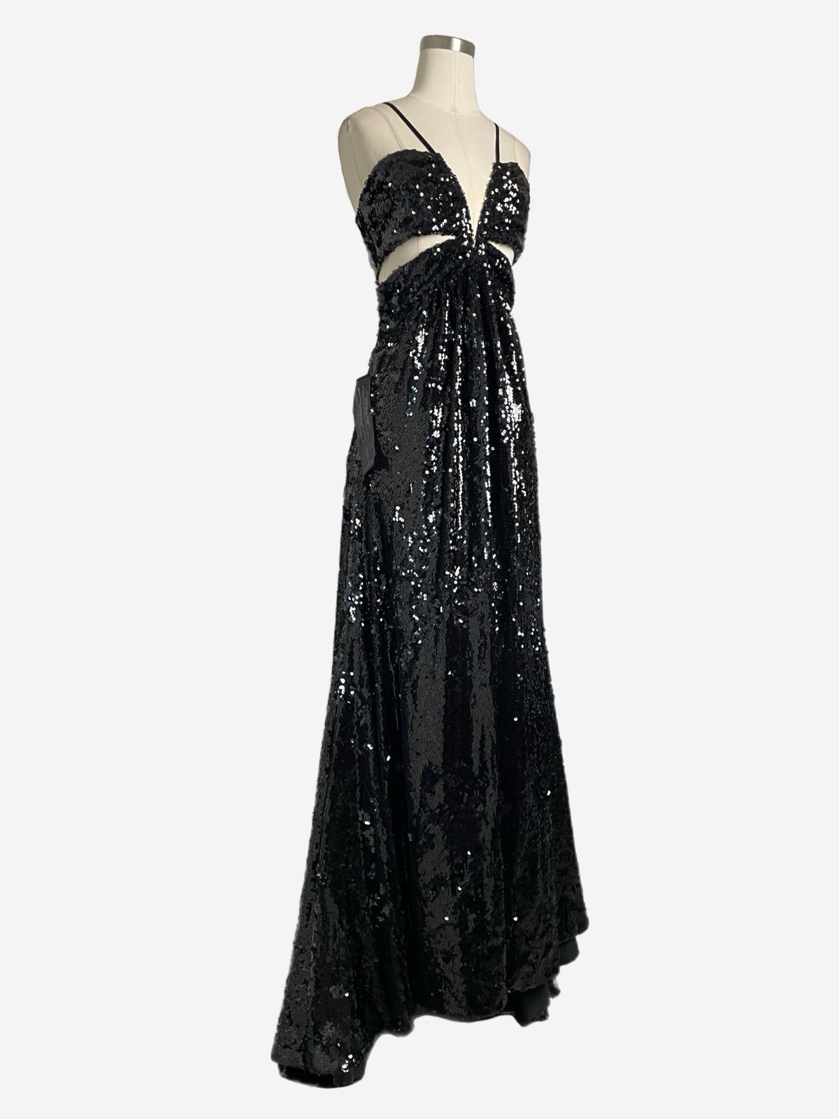 BCBGMaxAzria NWT Giacomo Black sequin cut out open back formal maxi gown slit 0