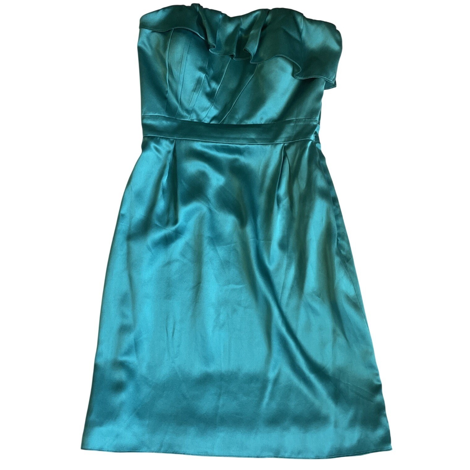 100% Silk Women Sz 2 Teal Strapless Mini Ruffle Neckline Dress 🩵 Party Cocktail