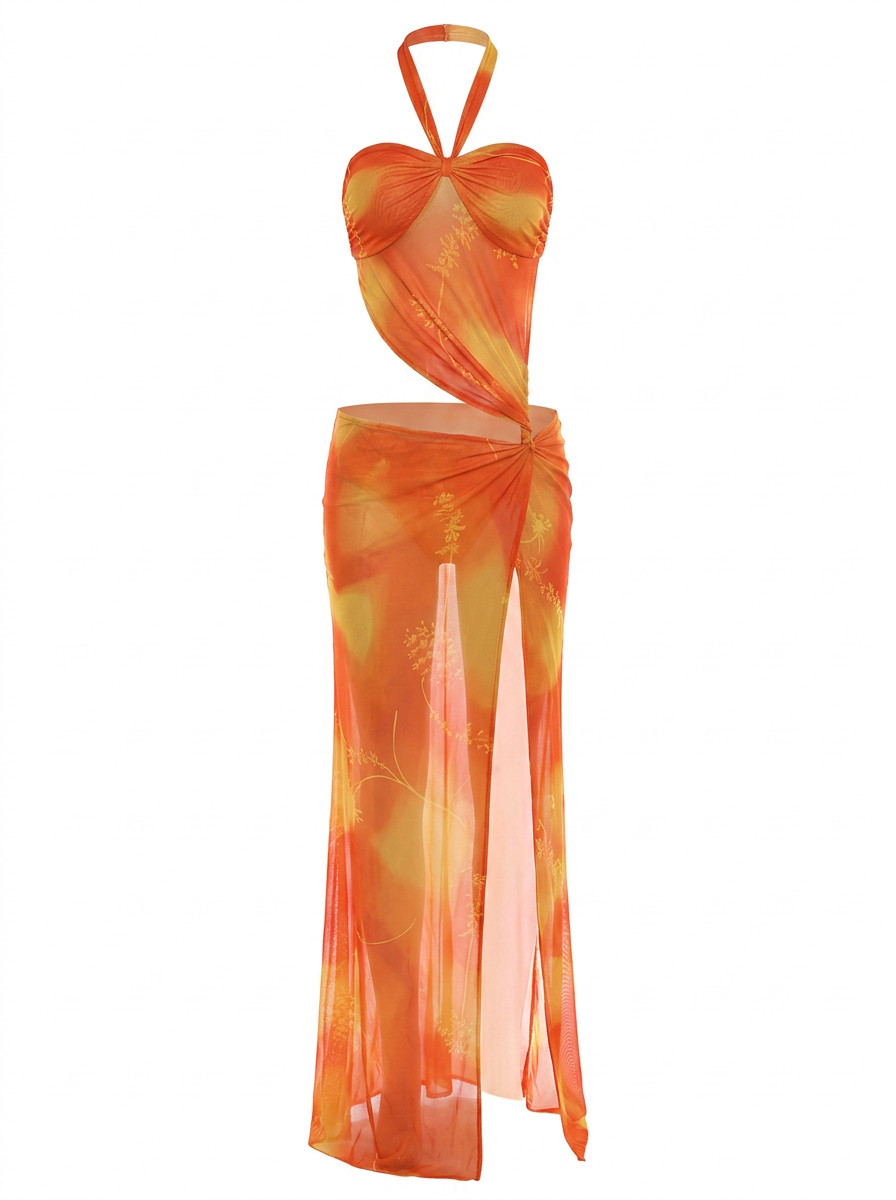 Sunset Floral Sheer Cut-Out Maxi Dress