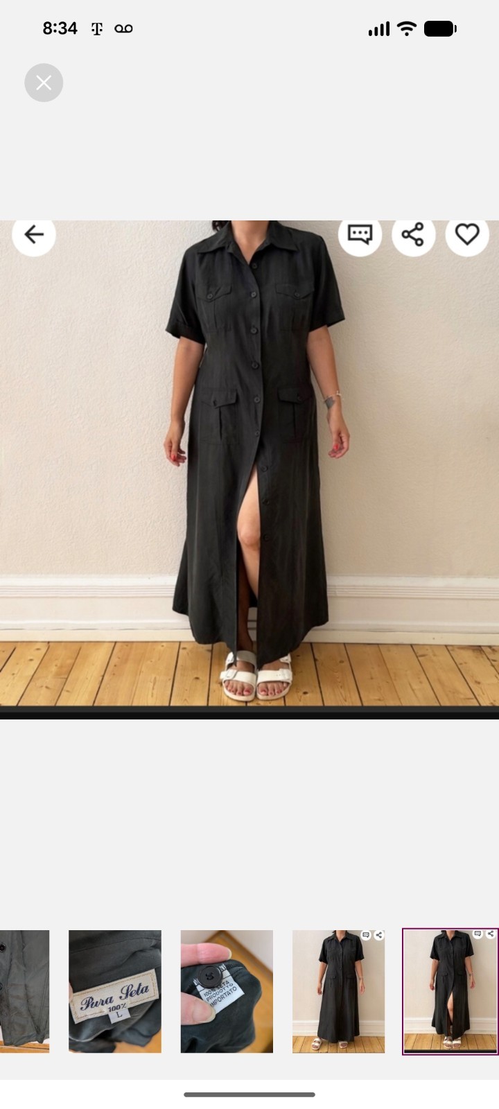 Pura Seta 100% Silk Black Button Front Collared Maxi Shirt Dress L Pockets