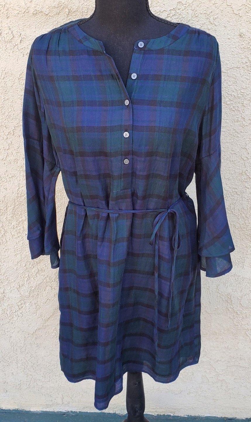 LOFT Plaid 3/4 Ruffle Sleeve Button Tie Front Rayon Shirt Dress Women’s Sz S
