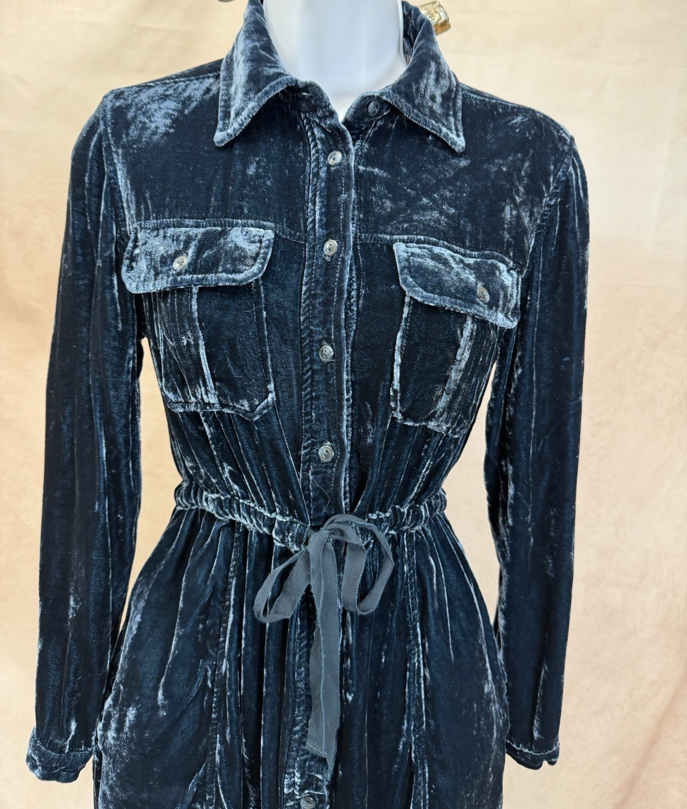 Coldwater Creek Blue Silk Blend Velvet Button Up Drawstring Dress Size XS (4)
