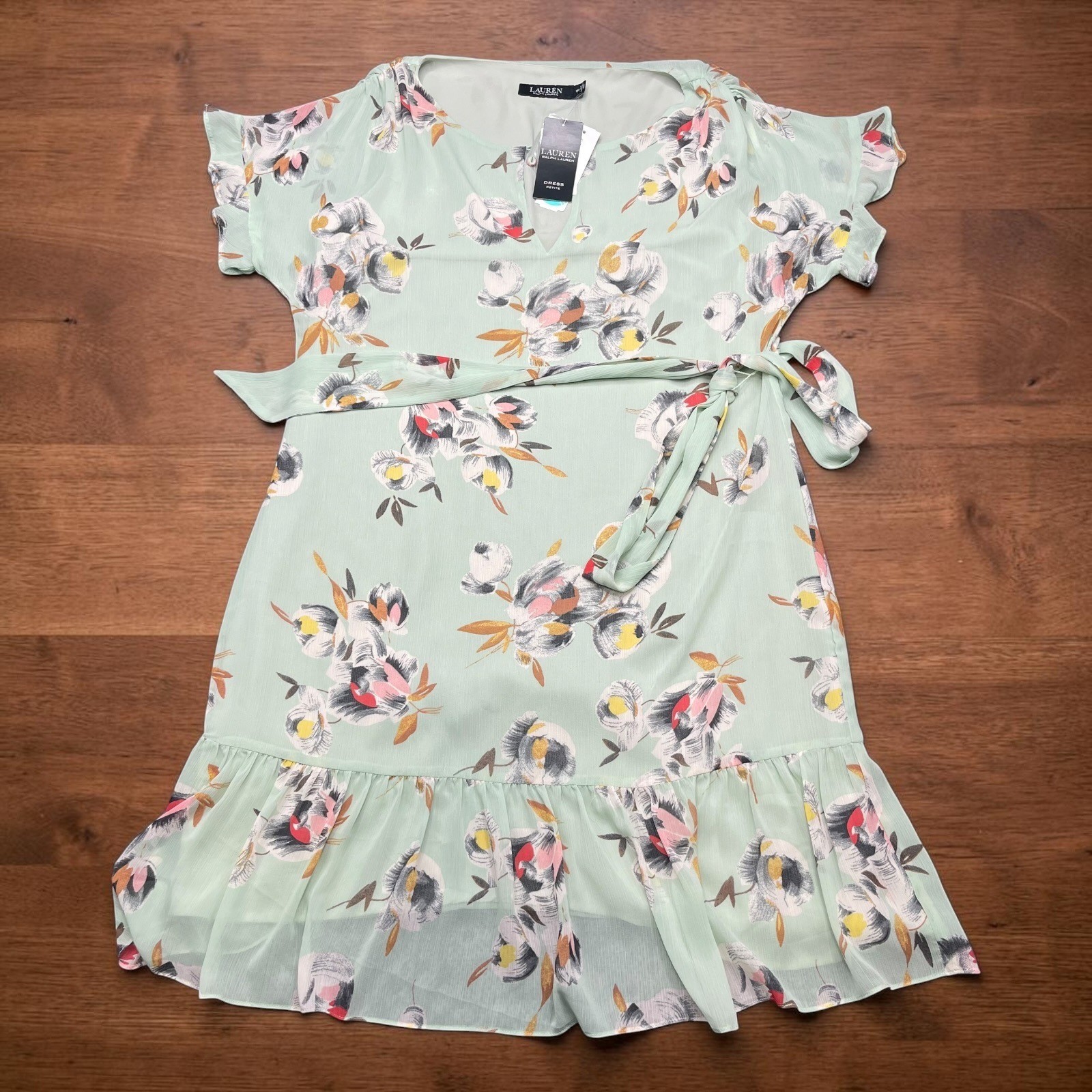 NEW Lauren Ralph Lauren Siyama Georgette Floral Dress Light Green Petite 12P