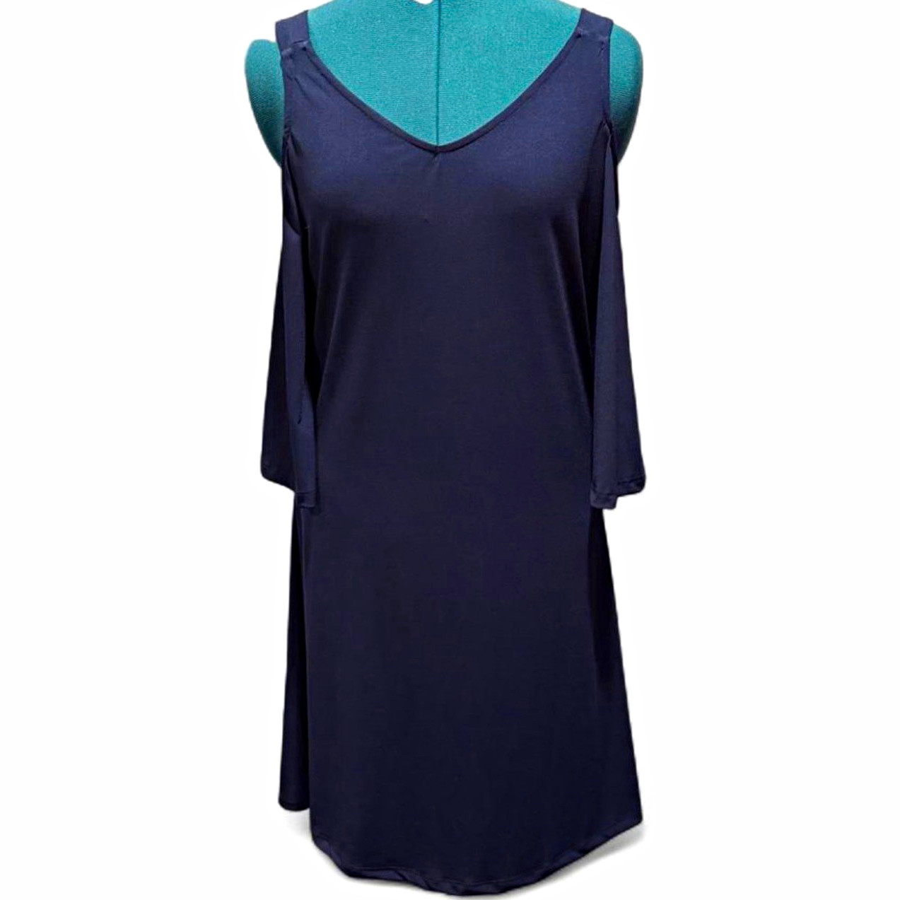 HAANI Women’s Navy Solid V-Neck Cold Shoulder Shift Knee Length Dress S