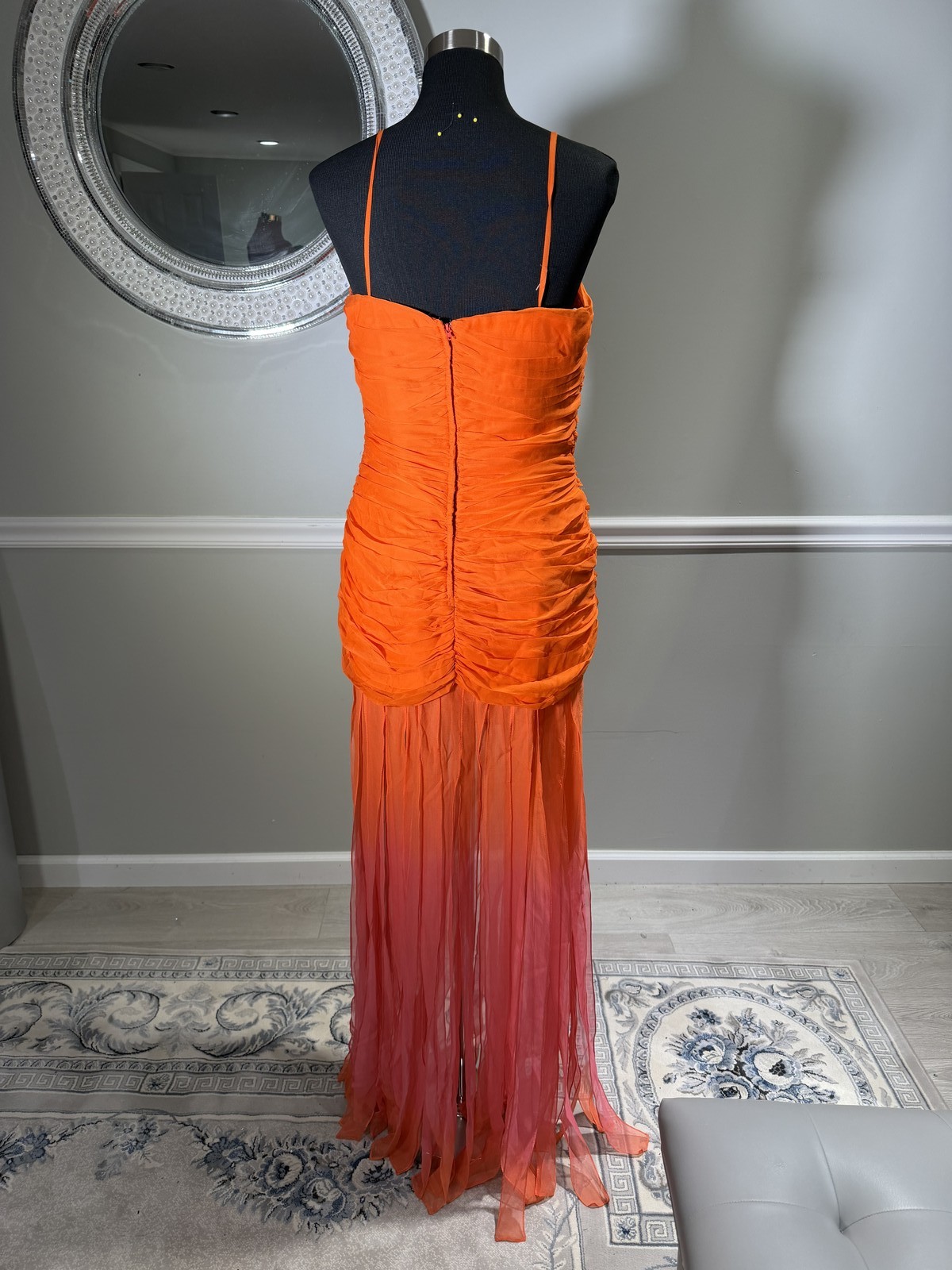 Jolene Division Strapless Orange Red Ombre Ruched Chiffon Fringe Gown Size 12