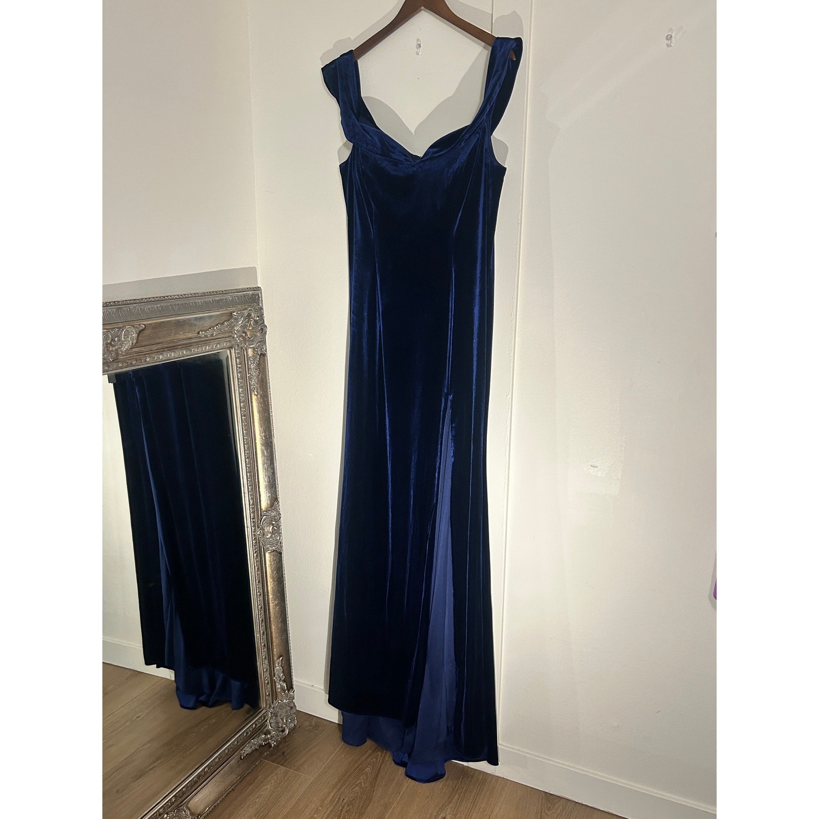Royal Queen Blue Velvet Off-Shoulder Formal Gown Dress Slit Size 14 Retail $199