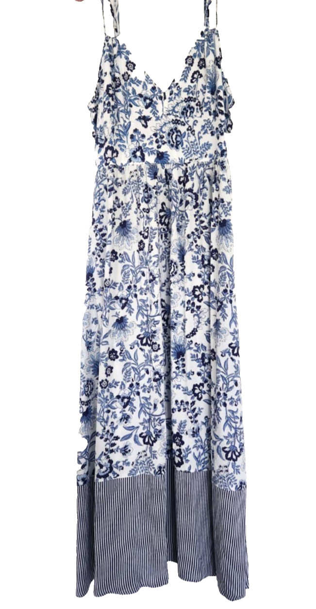 ✨NEW! Modern ELLEN TRACY Blue Cottage Floral Farm Long Maxi Dress Rio Gypsy $149