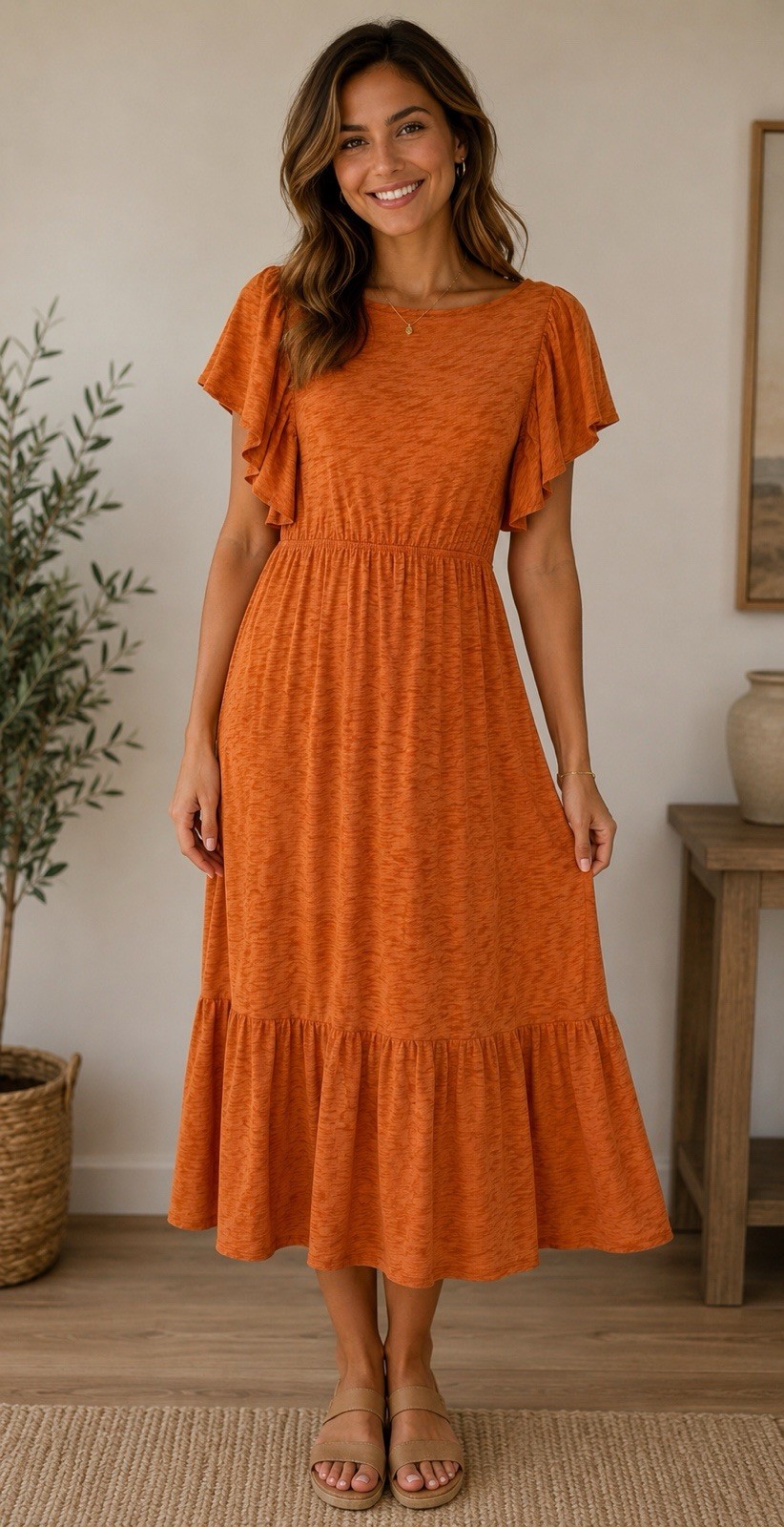 NWOT J Crew Womens L Orange-Rust Flutter Sleeve Midi Dress Boho Peasant Cotton