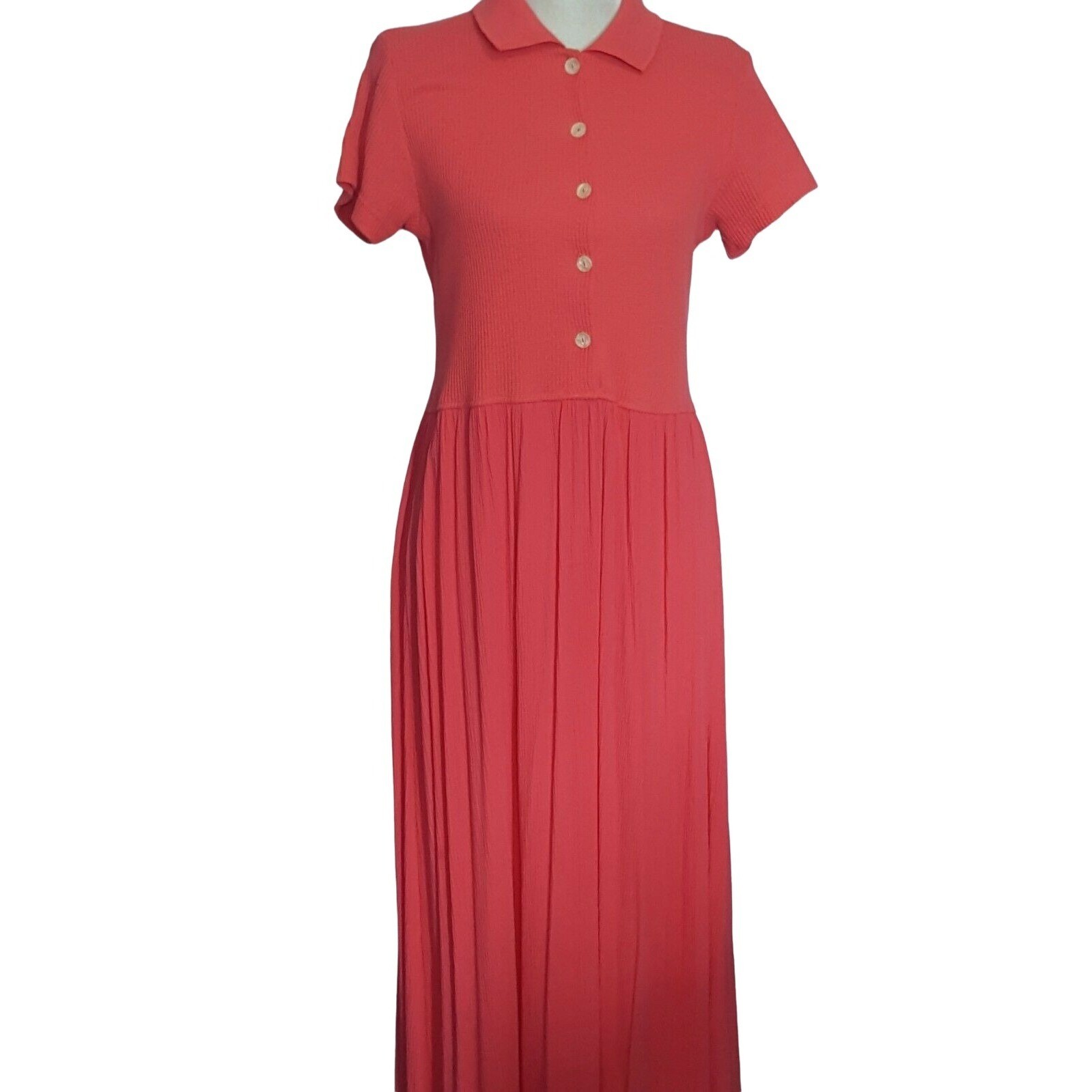 Sunbelt Dress M Womens Shirtwaist Pink Maxi Short Sleeve Modest Crinkle
