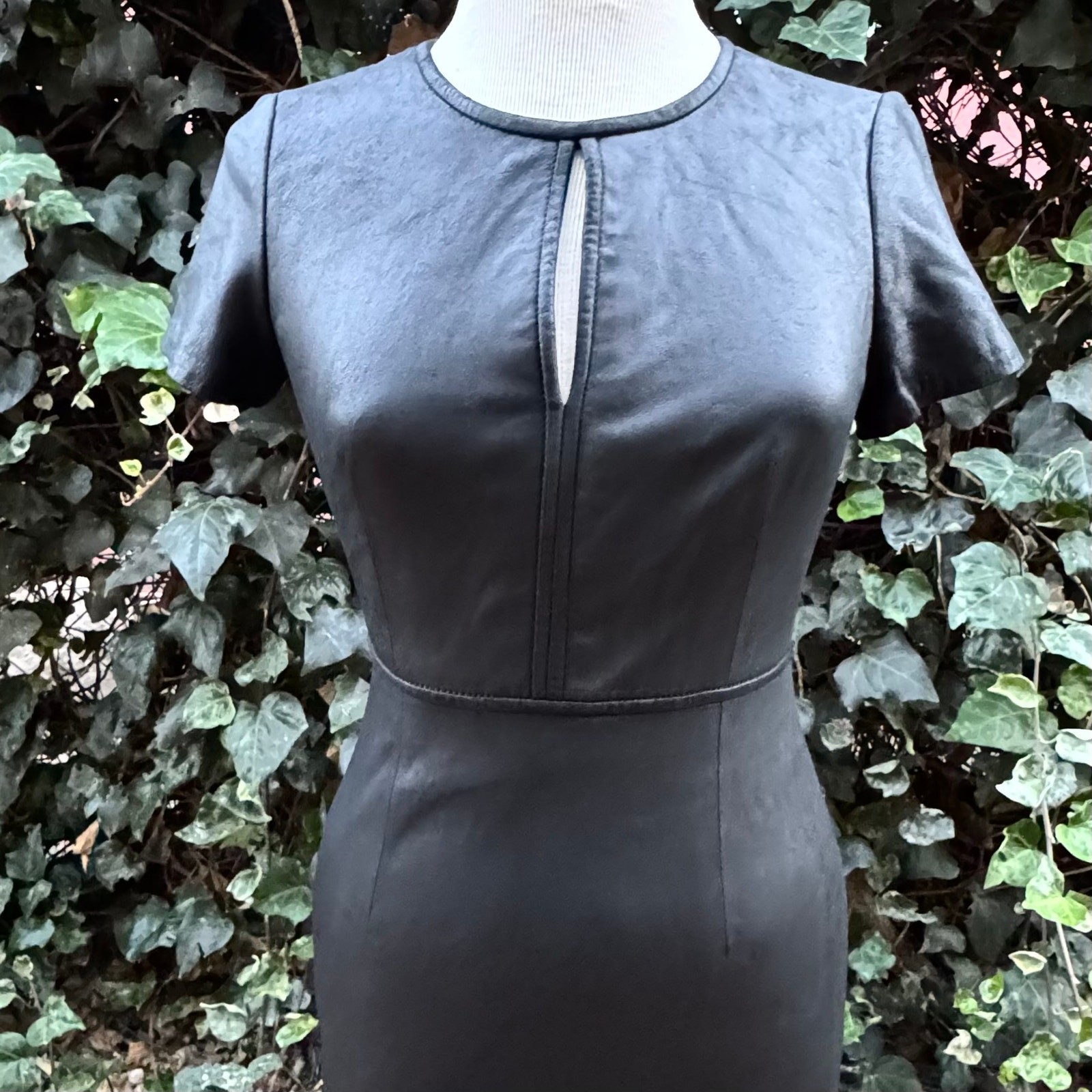 NWT My Tribe Mini Dress, Black Leather Shell, Stretch, Keyhole Round Neckline