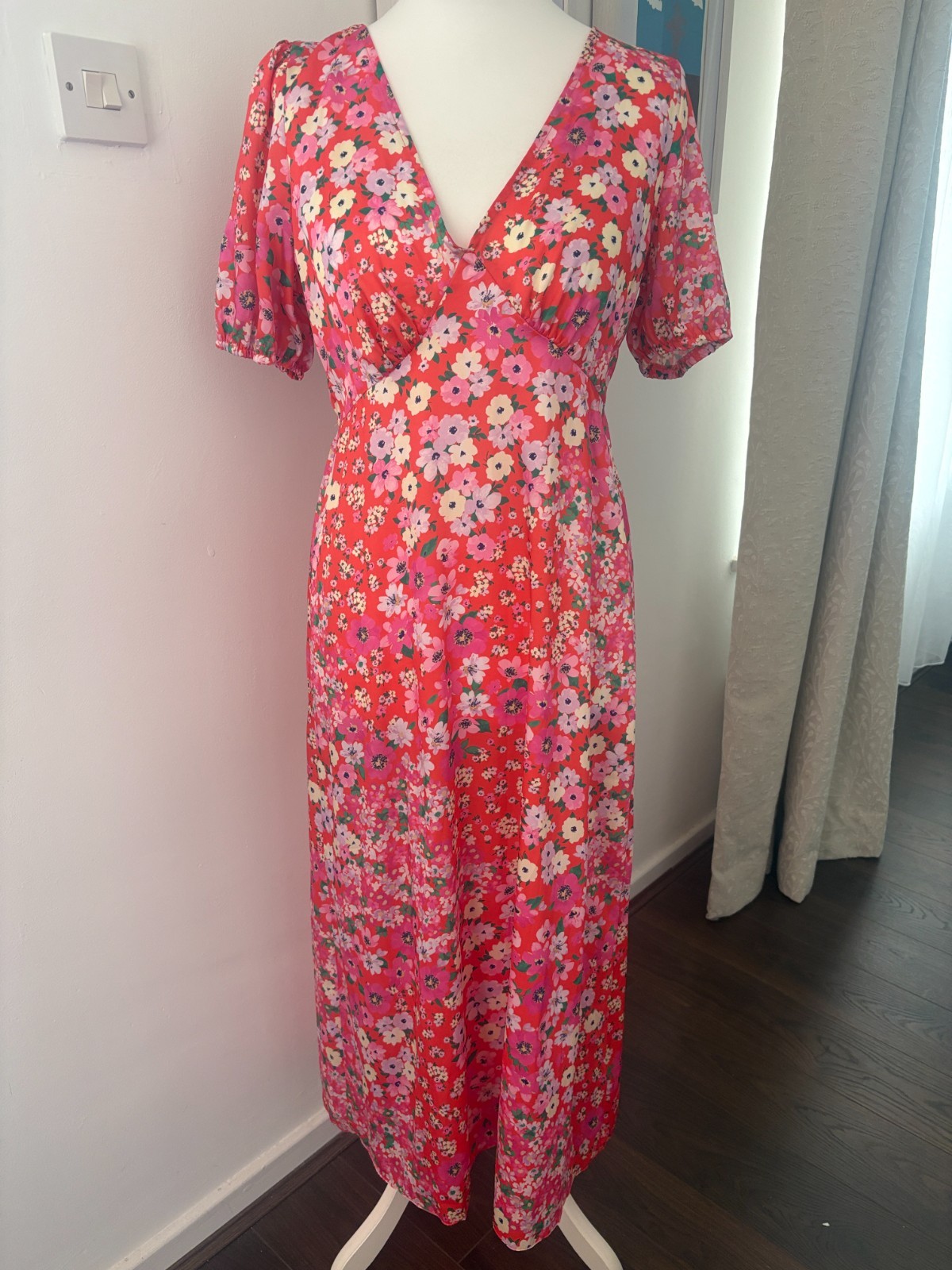 New Look V Neck Red, Pink & Green Floral Maxi Dress UK16