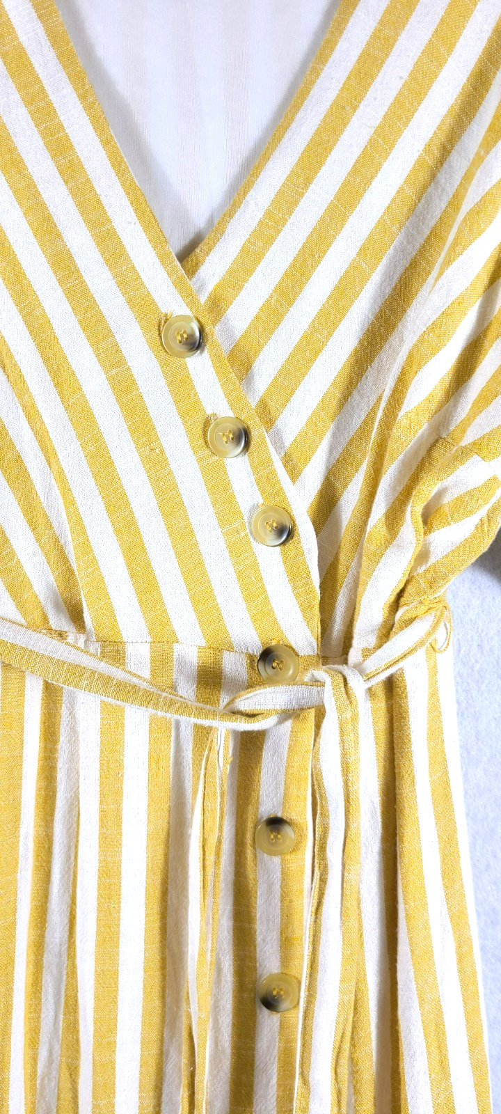 Lily Black Wrap Dress Midi Yellow White Stripe Lined Button Womans Size Large