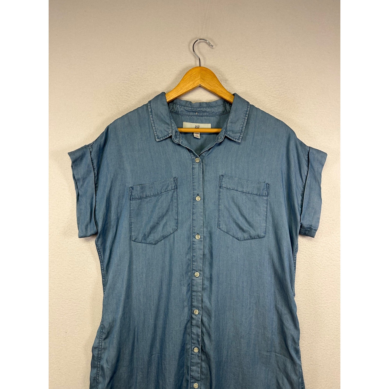 Boho Coastal Thread & Supply Womens Large Blue Lyocell Fringe Hem Shirt Dress