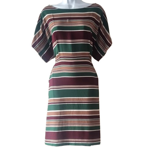 Vintage Style Striped Sheath Dress Green, Burgandy, UK Large (Fits 12 to 14)