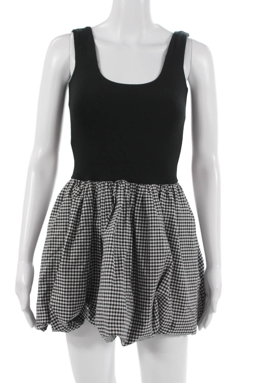 Le Bop Women Black Check 90s Mini Tank Dress Square Neck Sleeveless Size XS