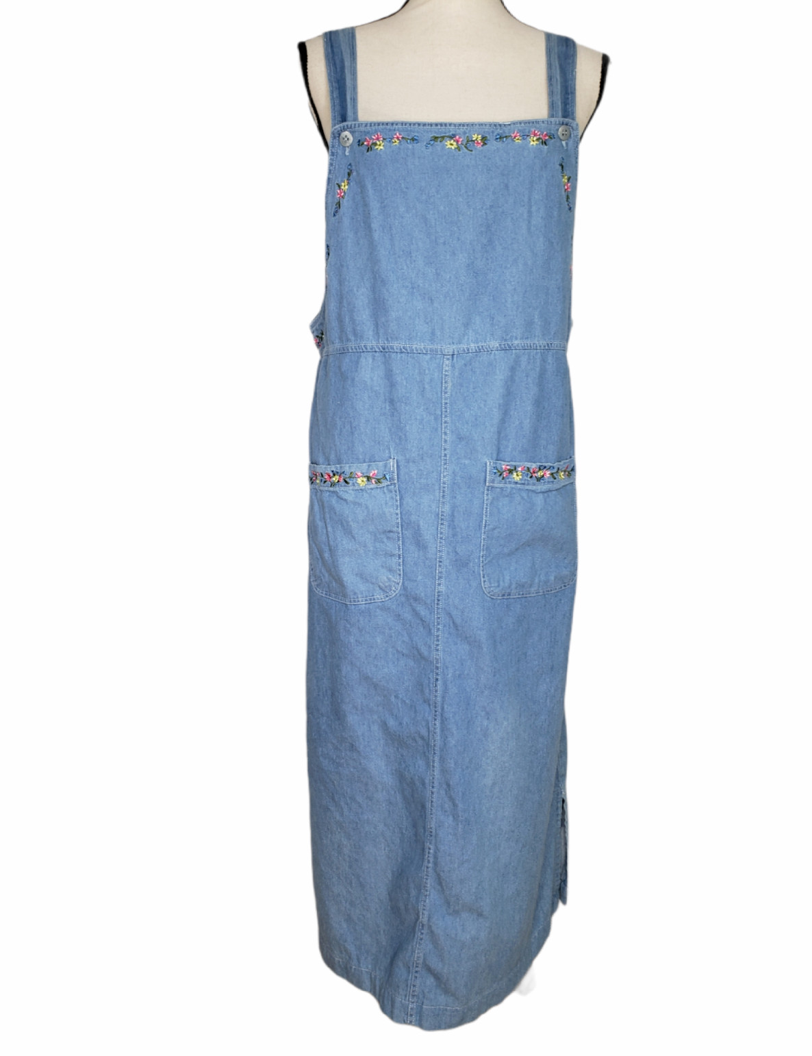 Vintage Capacity Bib Dress Medium Pockets Embroidery Blue Denim Side Split