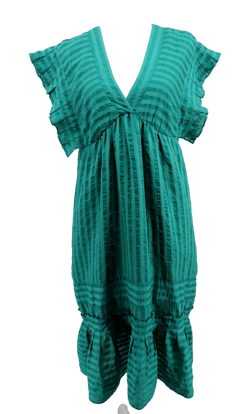 Anthropologie Midi Tiered Dress Womens Small Petite Green Tonal Stripe Ruffle PS