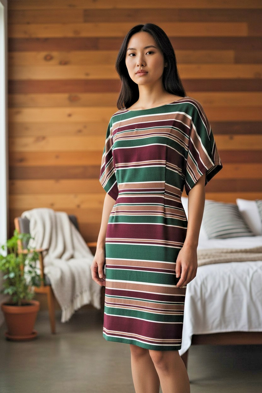 Vintage Style Striped Sheath Dress Green, Burgandy, UK Large (Fits 12 to 14)