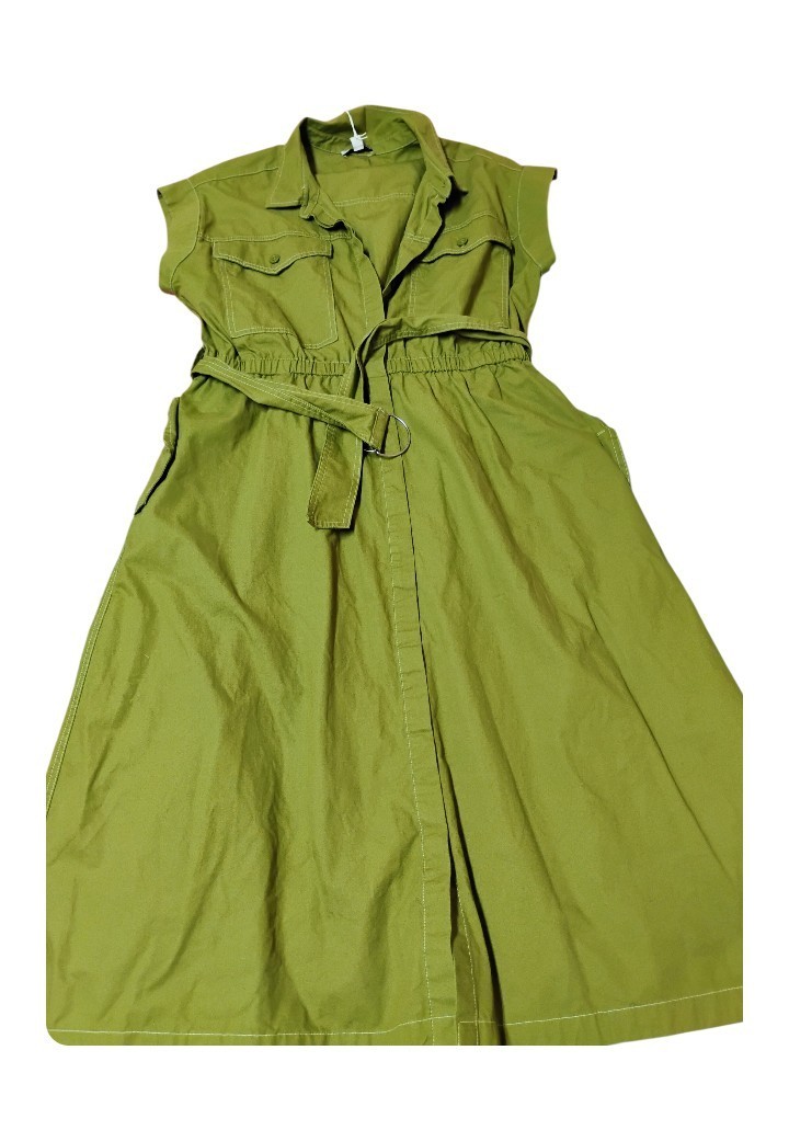 Green Solid Shirt Dress Midi Sleeveless Collared Button Belted Pockets Size M
