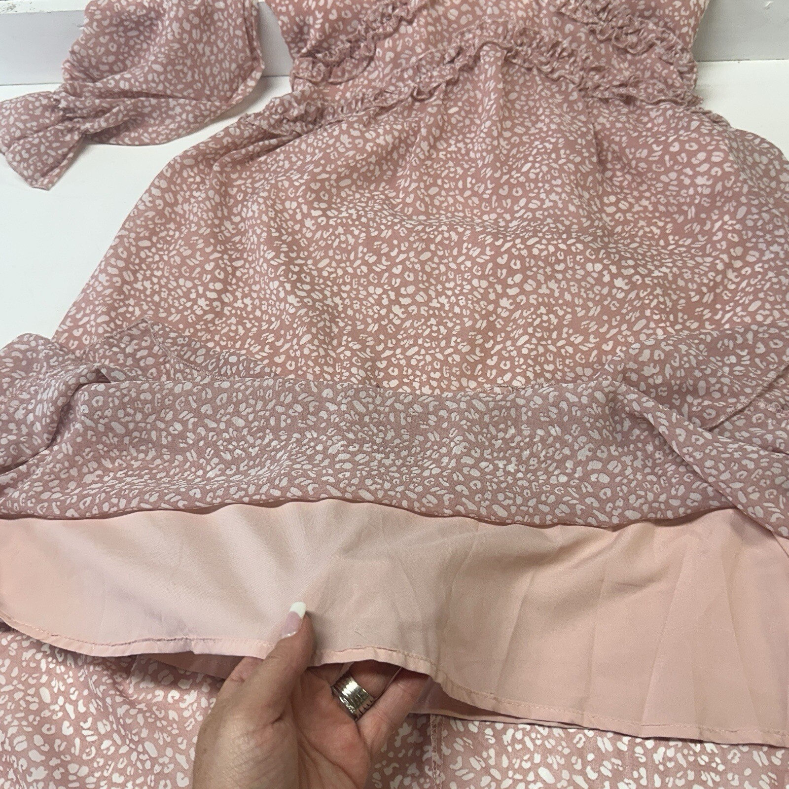 NEW Pretty C+D+M Pink Sheer Overlay Boho Prairie Ruffle Long Sleeve Sundress MED