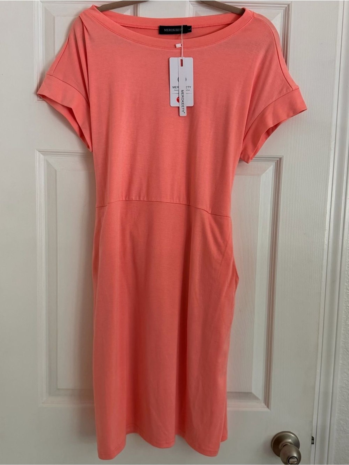 MEROKEETY Coral Knit Tie Back Midi Dress with Pockets NWT Size Large