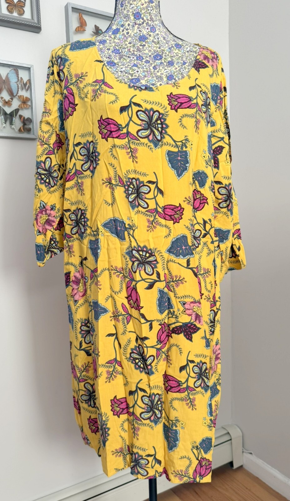 JunaRose Women’s 16 Bright Yellow Floral 3/4 Sleeve Knee Length Shift Dress