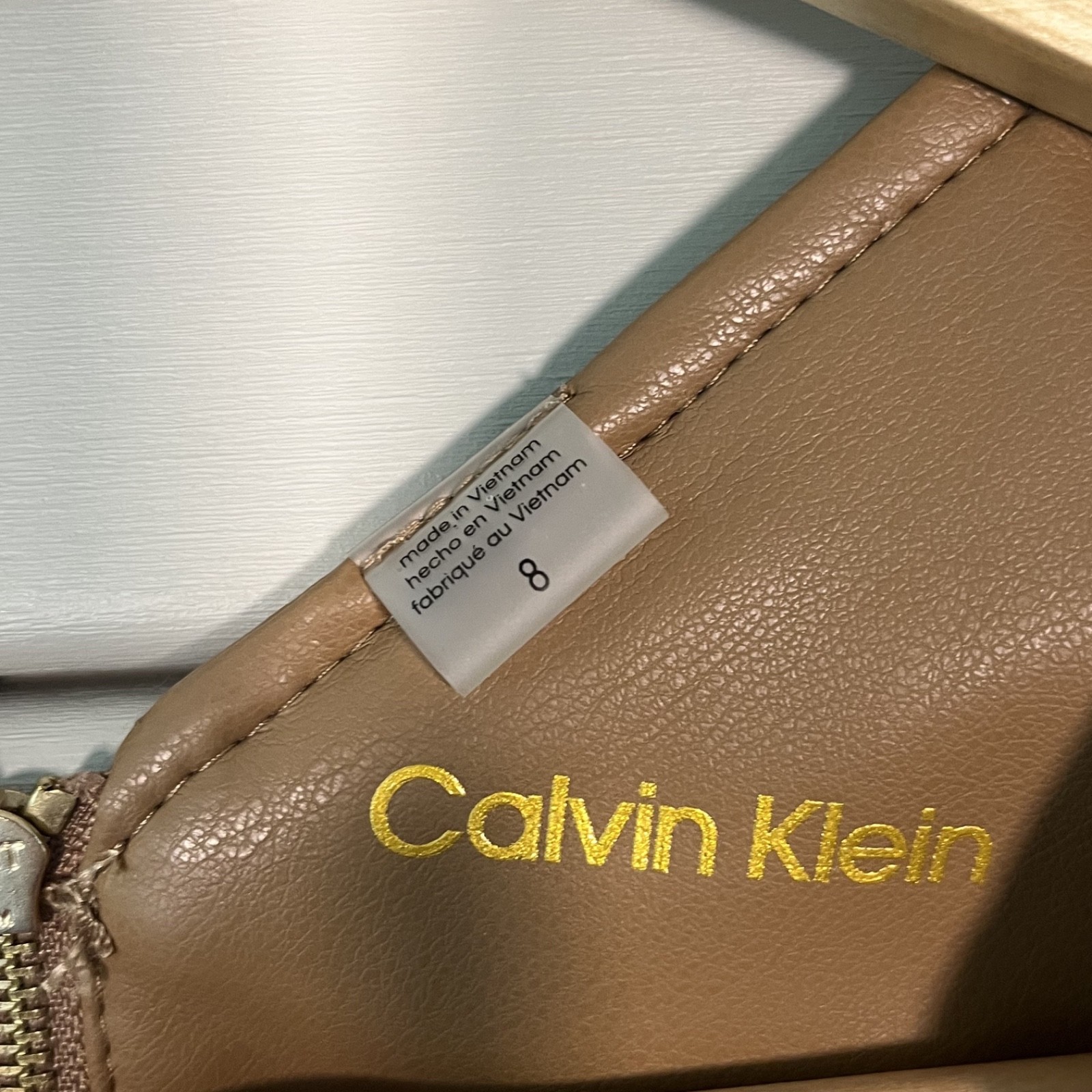Calvin Klein tan/caramel pleather belted sheath midi length dress NWT MSRP $149