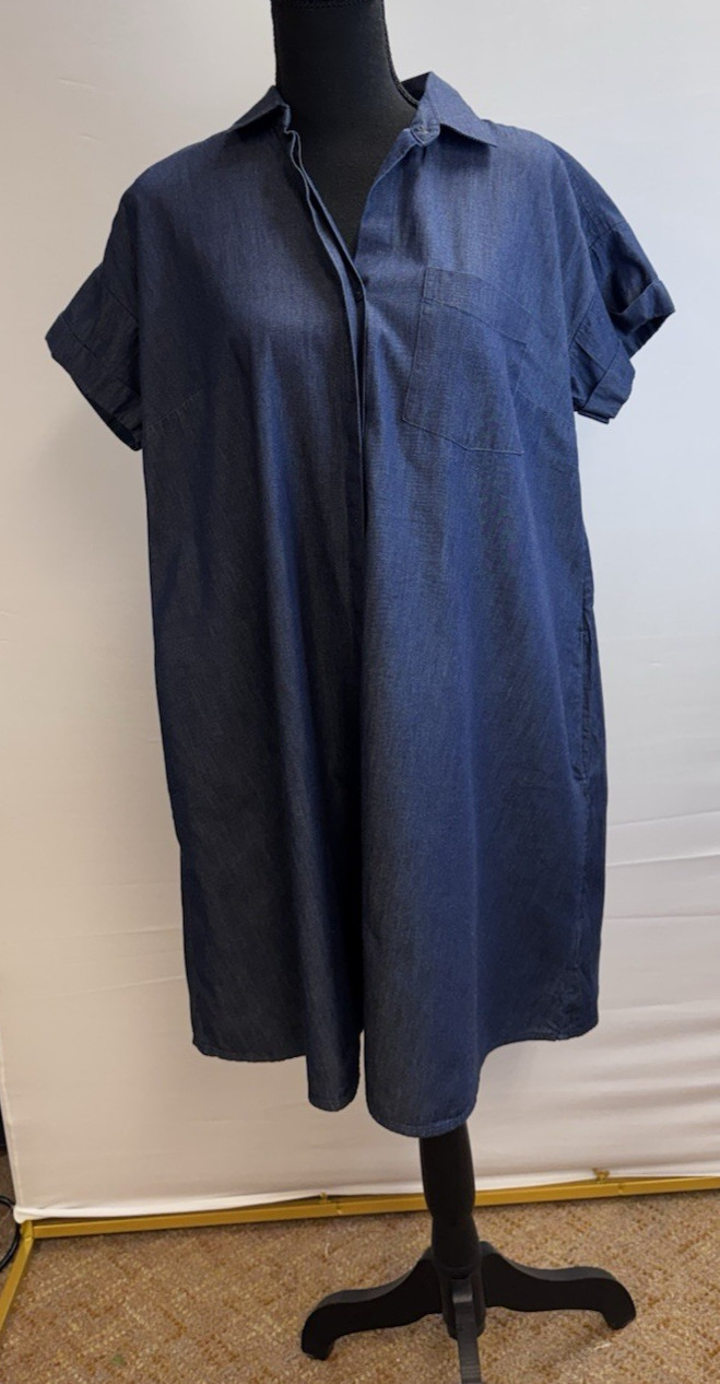 OLD NAVY WOMENS MEDIUM DARK WASH DENIM SHORT SLEEVE TRAPEZE DRESS NEW WITH TAG