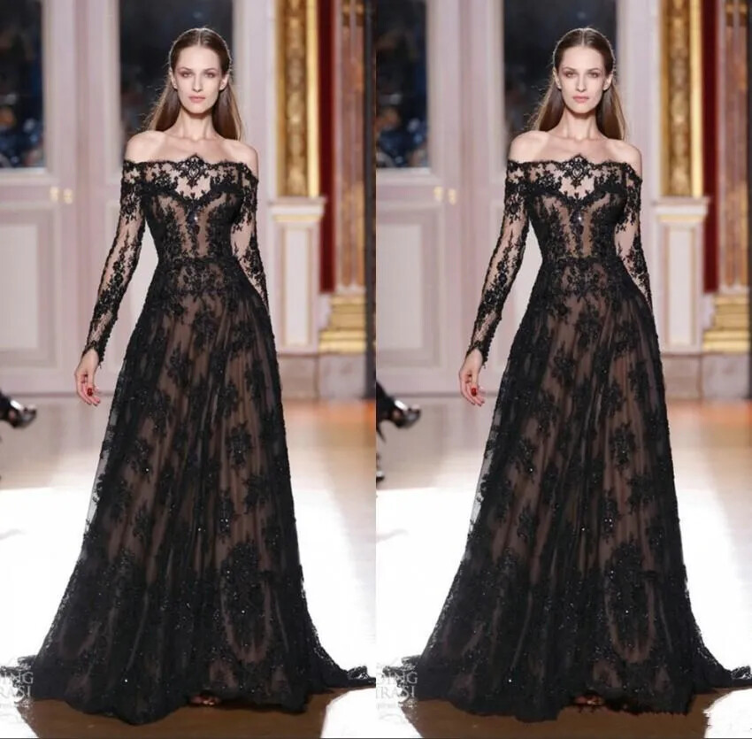 New Evening Gowns Long Sleeves A-line Sheer Black Lace Applique Train Ball Dress