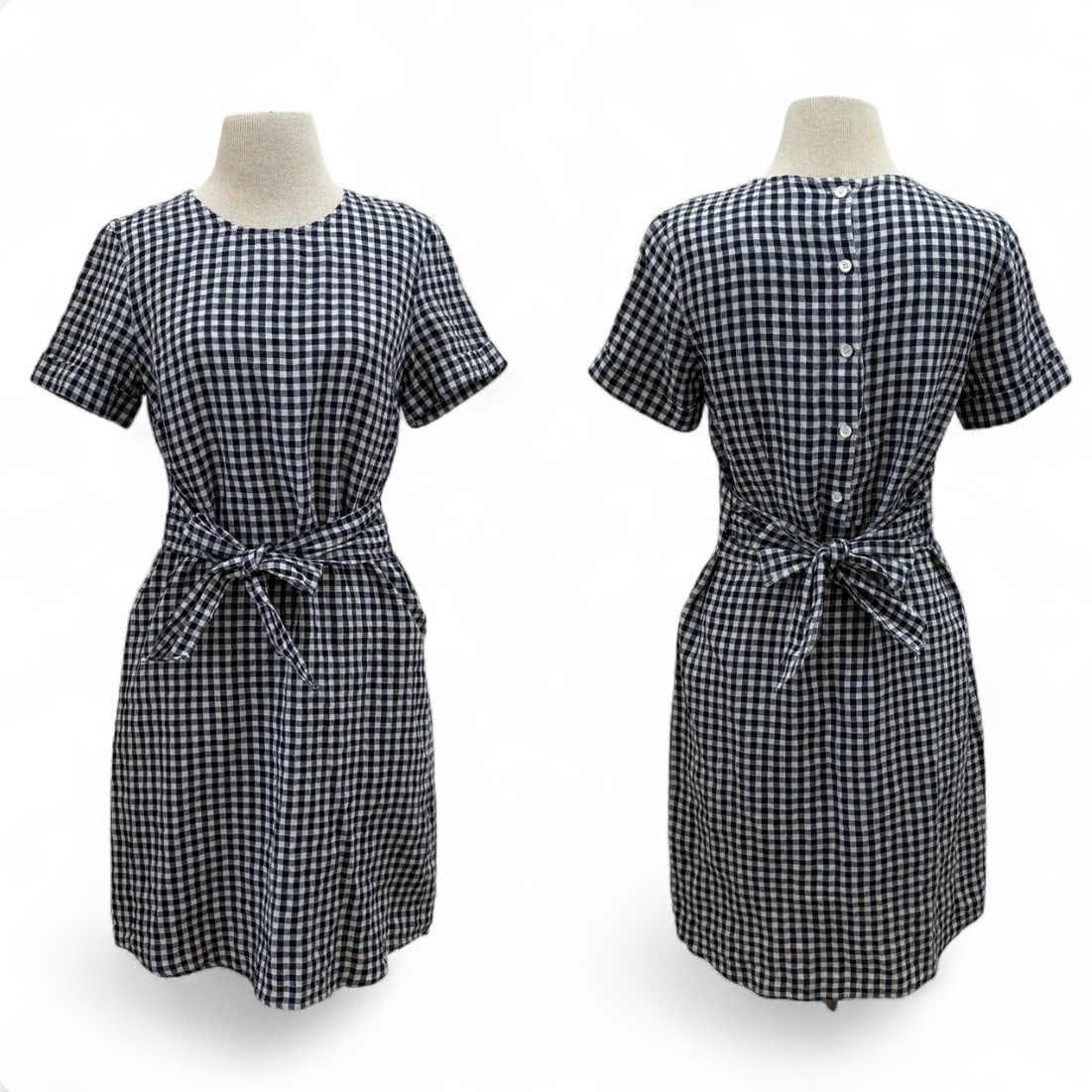 J.MCLAUGHLIN $198 Sadie Gingham Navy/White Linen Tie Waist Summer Dress Sz Small