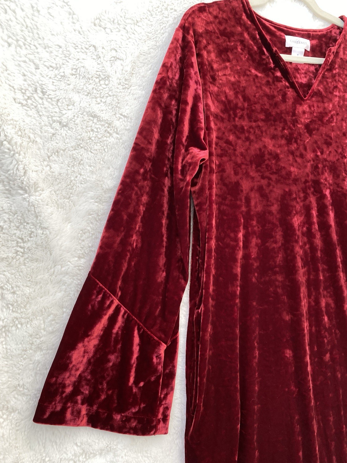 Cabernet Womens Red Crushed Velvet Velour Bell Sleeve House Dress Size Medium