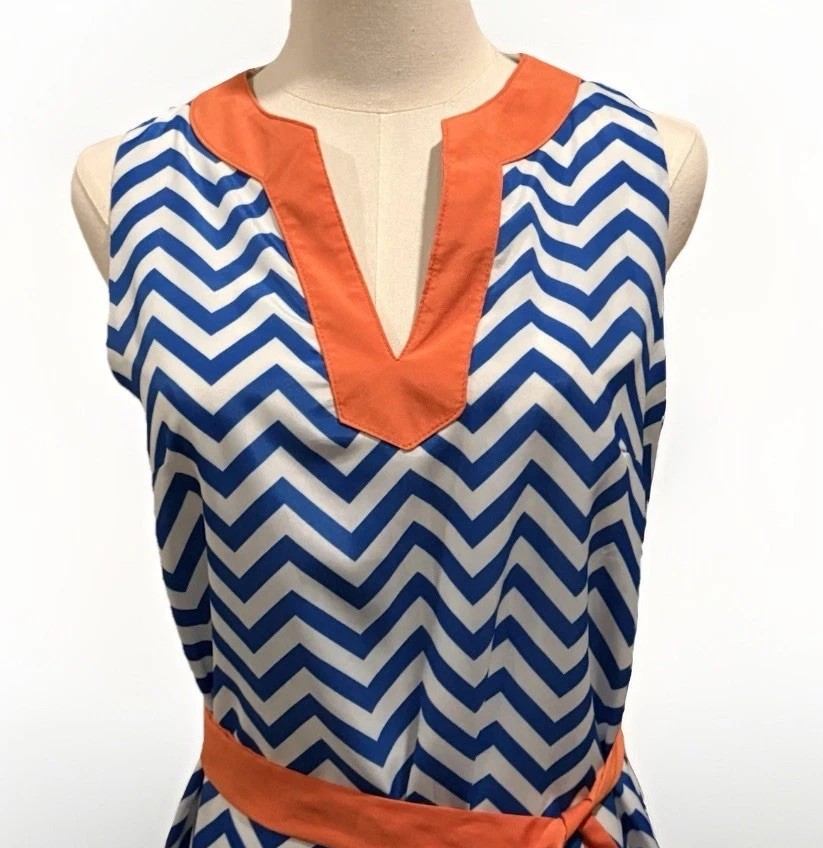 Women’s Mud Pie Blue Chevron/Orange Trim Print V-neck Belted Cool Shift Dress M