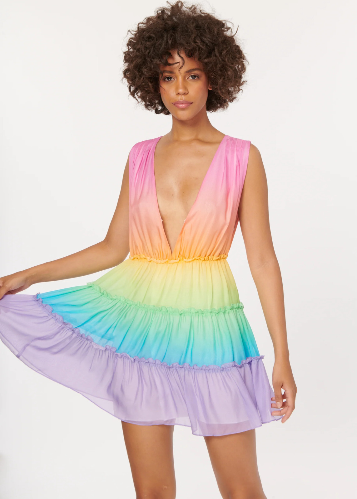Cami NYC ‘Egle’ Rainbow Ombre Silk Sleeveless Tiered A-Line Ruffle Mini Dress, S