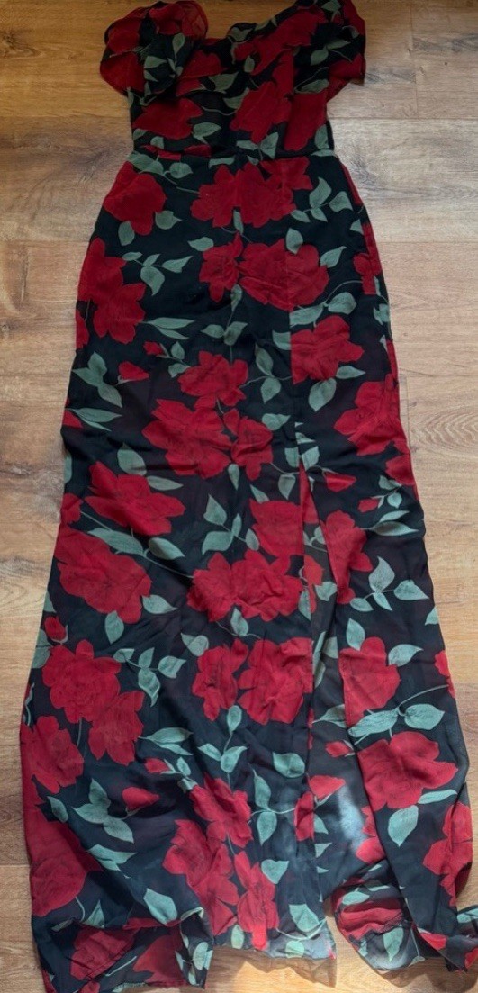 Black Red Green Floral Maxi Dress Ruffle Short Sleeve Zip Side Slit Women